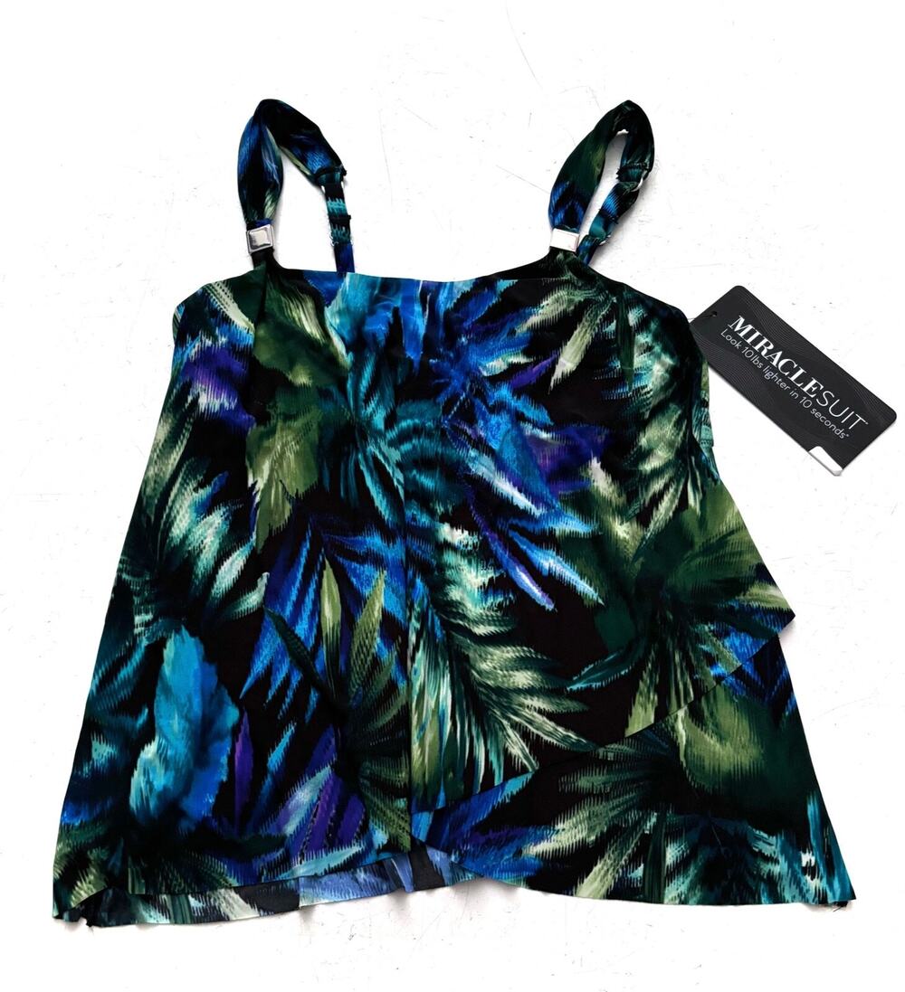 Miraclesuit Black Tropical Useppa Dazzle Underwire Tankini Swim Top 10 DD 10DD